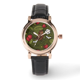 Wrens and strawberries on dark green watch