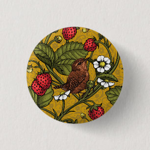 Wrens and strawberries on mustrard 3 cm round badge