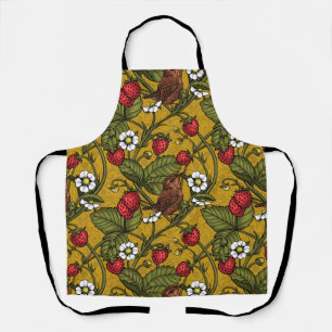 Wrens and strawberries on mustrard apron