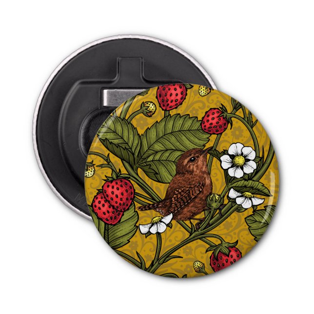 Wrens and strawberries on mustrard bottle opener (Front)