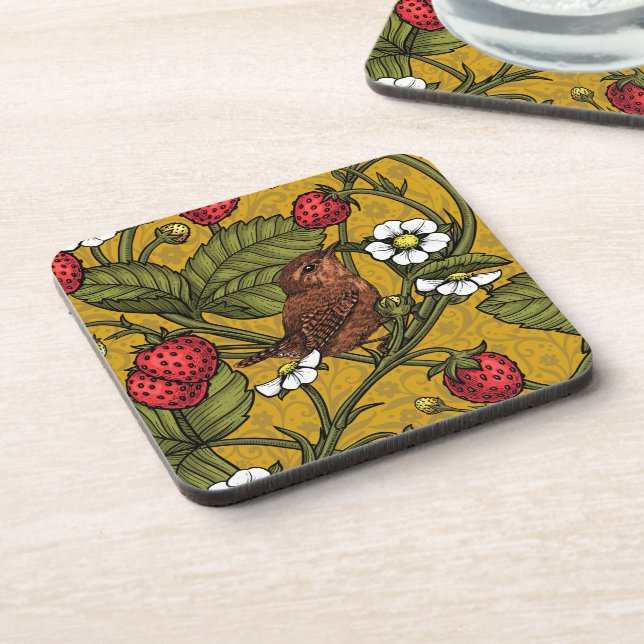 Wrens and strawberries on mustrard coaster (Left Side)