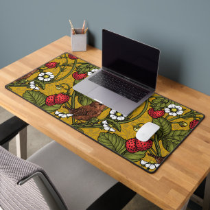 Wrens and strawberries on mustrard desk mat