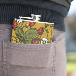 Wrens and strawberries on mustrard hip flask