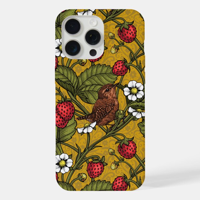Wrens and strawberries on mustrard iPhone case (Back)