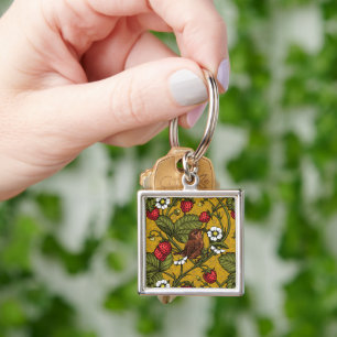 Wrens and strawberries on mustrard key ring