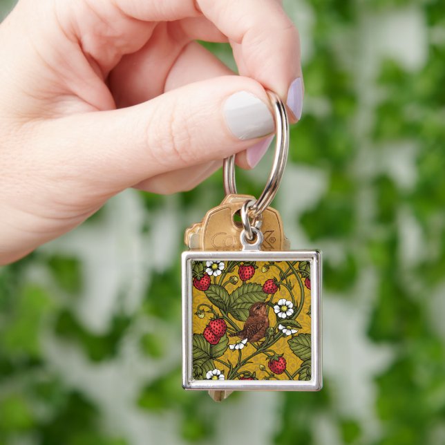 Wrens and strawberries on mustrard key ring (Hand)