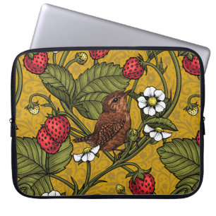 Wrens and strawberries on mustrard laptop sleeve