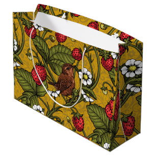 Wrens and strawberries on mustrard large gift bag