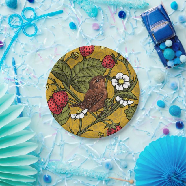 Wrens and strawberries on mustrard paper plate (Party)