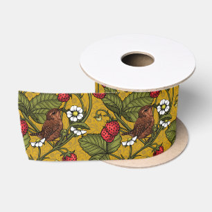 Wrens and strawberries on mustrard satin ribbon