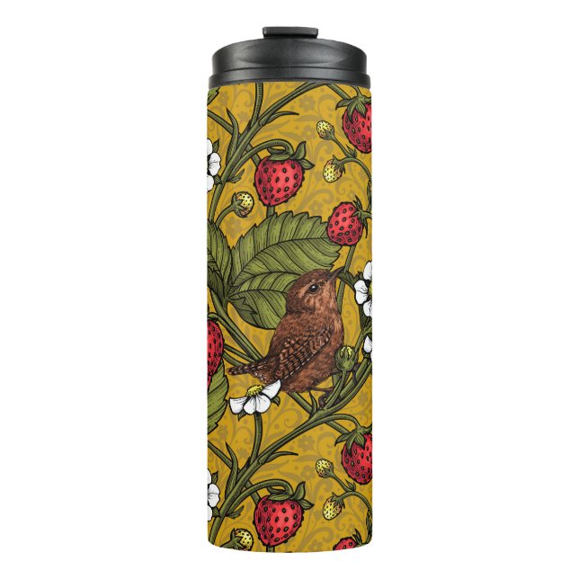 Wrens and strawberries on mustrard thermal tumbler (Front)