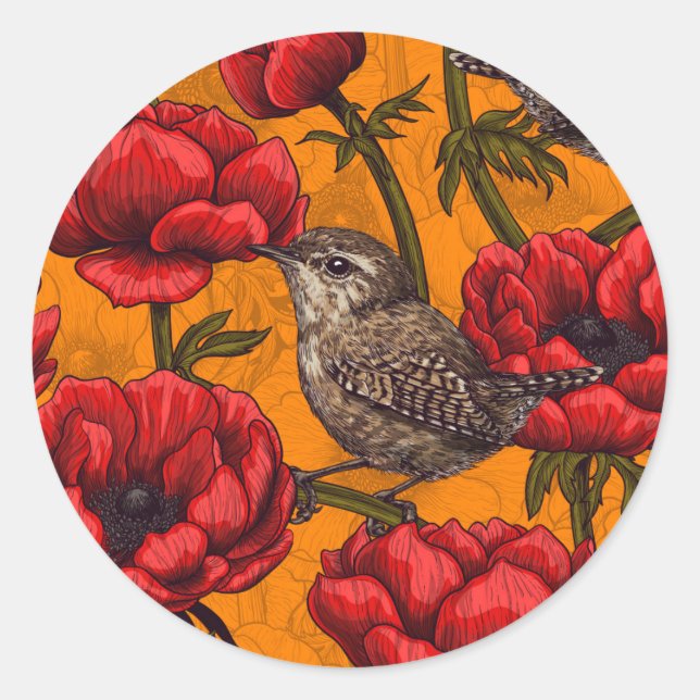 Wrens in a red anemone garden classic round sticker (Front)