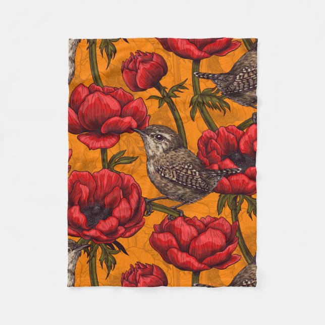 Wrens in a red anemone garden fleece blanket (Front)