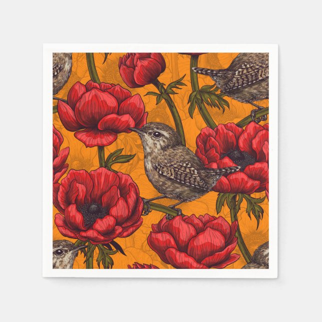 Wrens in a red anemone garden napkin (Front)