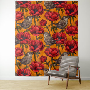 Wrens in a red anemone garden tapestry