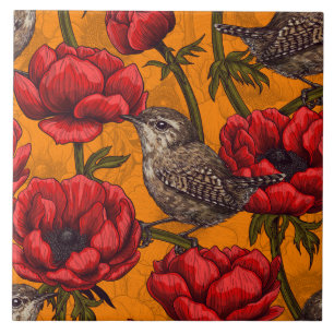 Wrens in a red anemone garden tile