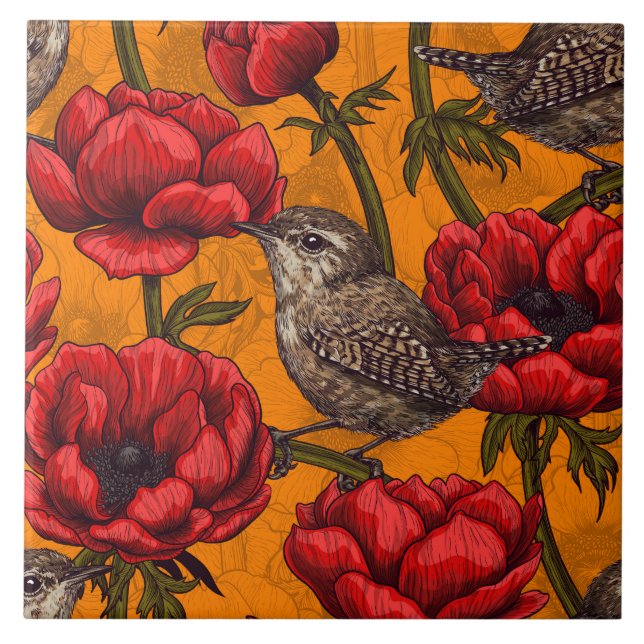 Wrens in a red anemone garden tile (Front)