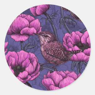 Wrens in the anemone garden classic round sticker
