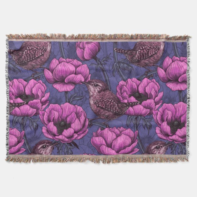 Wrens in the anemone garden throw blanket (Front)