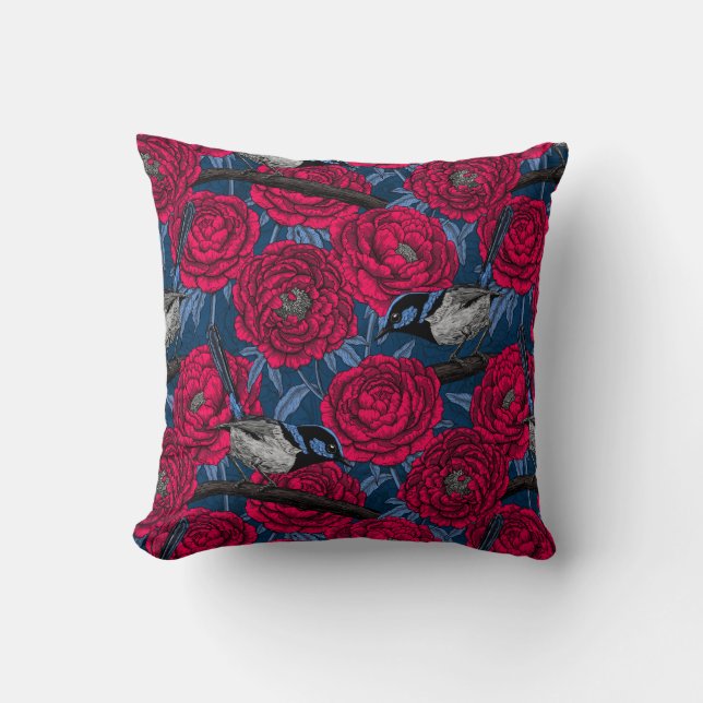 Wrens in the peonies cushion (Front)