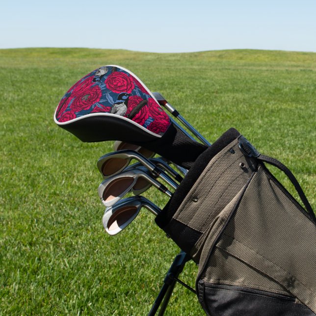 Wrens in the peonies  golf head cover (In Situ)