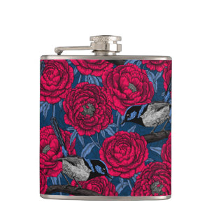 Wrens in the peonies hip flask