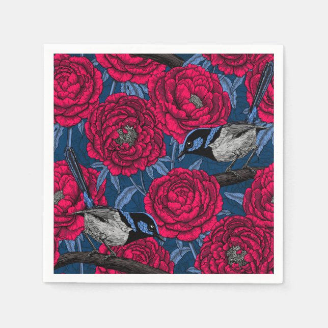 Wrens in the peonies napkin (Front)
