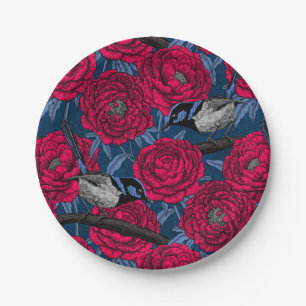 Wrens in the peonies paper plate