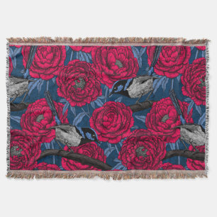 Wrens in the peonies throw blanket
