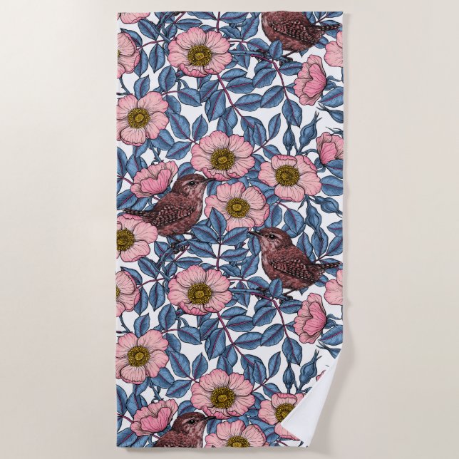 Wrens in the roses beach towel (Front)