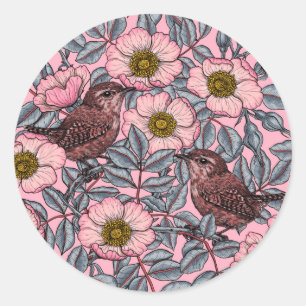 Wrens in the roses classic round sticker