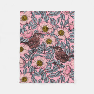 Wrens in the roses fleece blanket