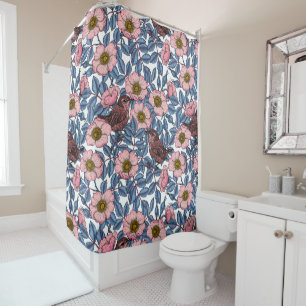 Wrens in the roses shower curtain