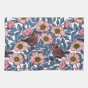 Wrens in the roses tea towel