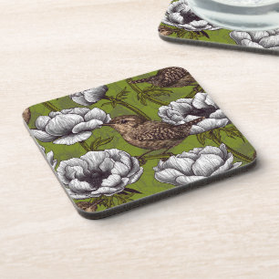 Wrens in the white anemone garden coaster