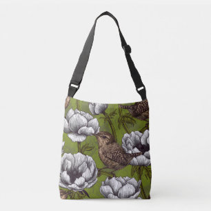 Wrens in the white anemone garden crossbody bag