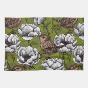 Wrens in the white anemone garden tea towel