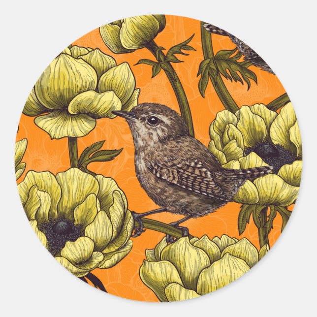 Wrens in the yellow anemone garden classic round sticker (Front)