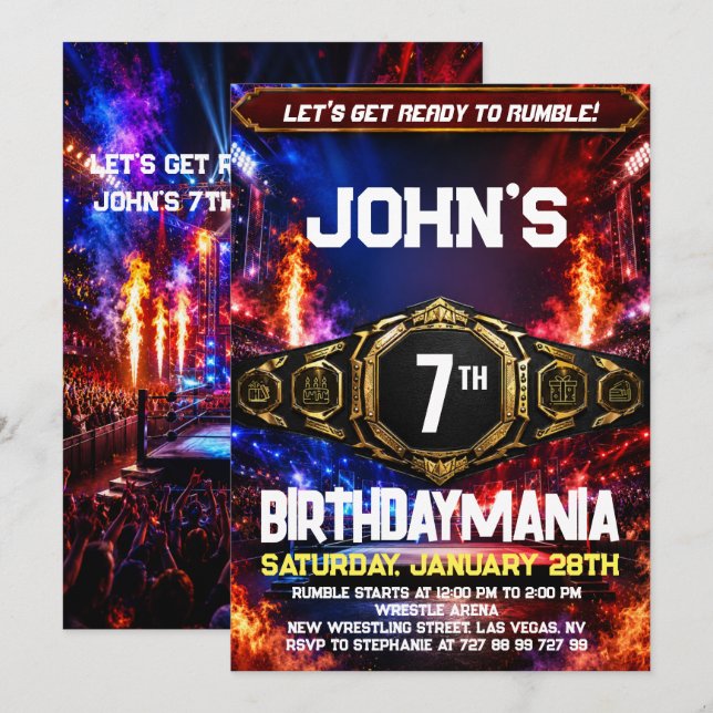 Wrestling Birthday Party Invitation Theme (Front/Back)