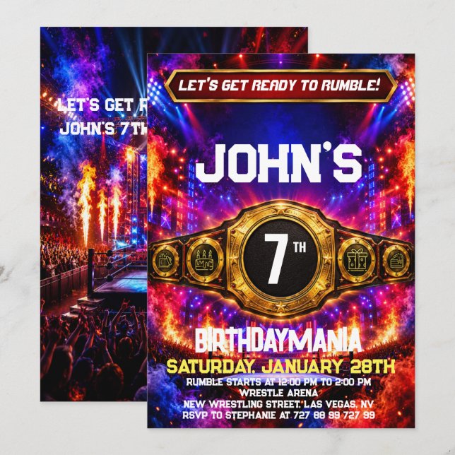 Wrestling Birthday Party Invitation Theme (Front/Back)