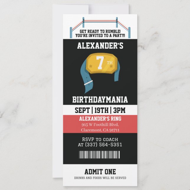Wrestling Birthday Party Ticket  Invitation (Front)