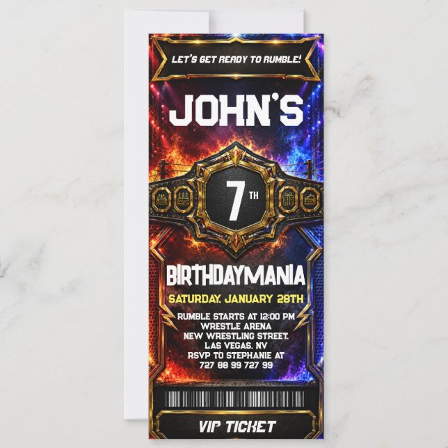 Wrestling Birthday Party Ticket Invitation Theme (Front)