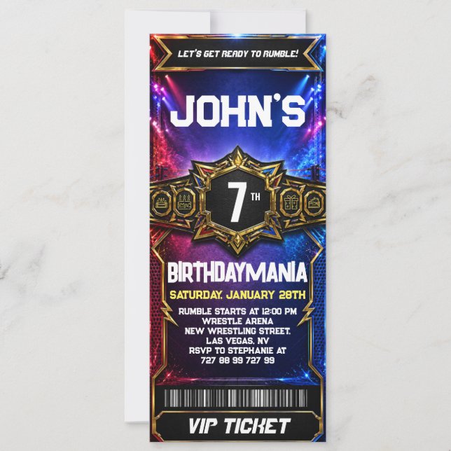 Wrestling Birthday Party Ticket Invitation Theme (Front)