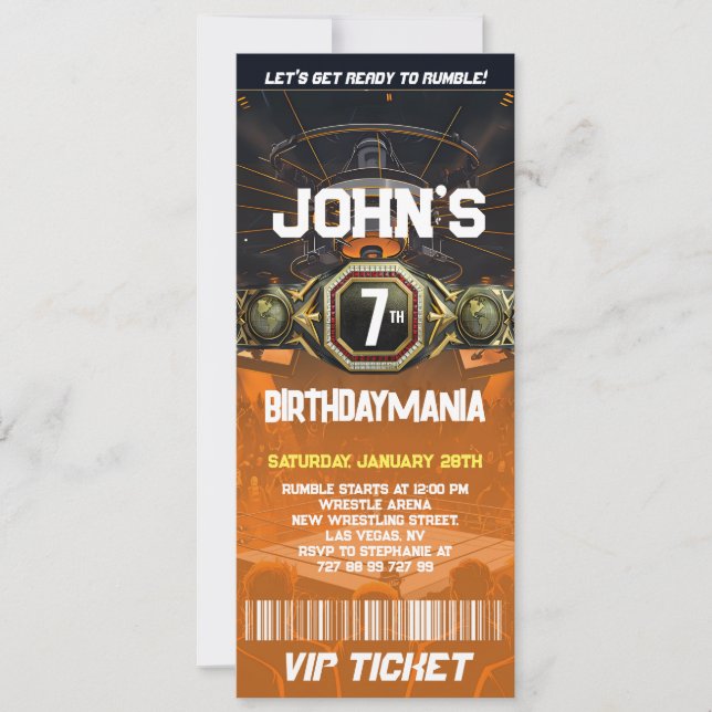 Wrestling Birthday Party Ticket Invitation Theme (Front)