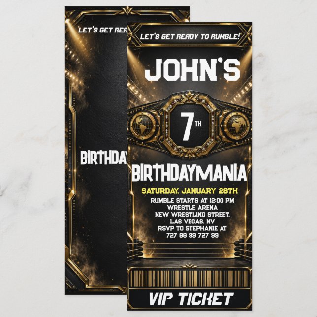 Wrestling Birthday Party Ticket Invitation Theme (Front/Back)