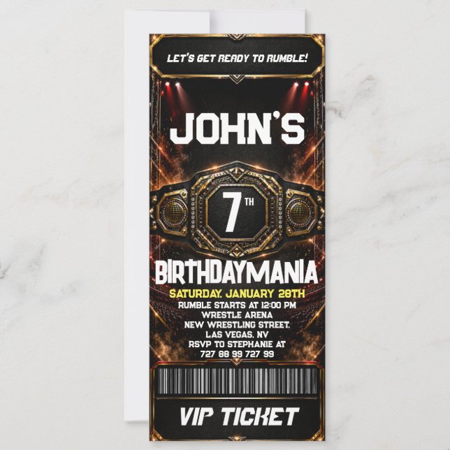 Wrestling Birthday Party Ticket Invitation Theme (Front)