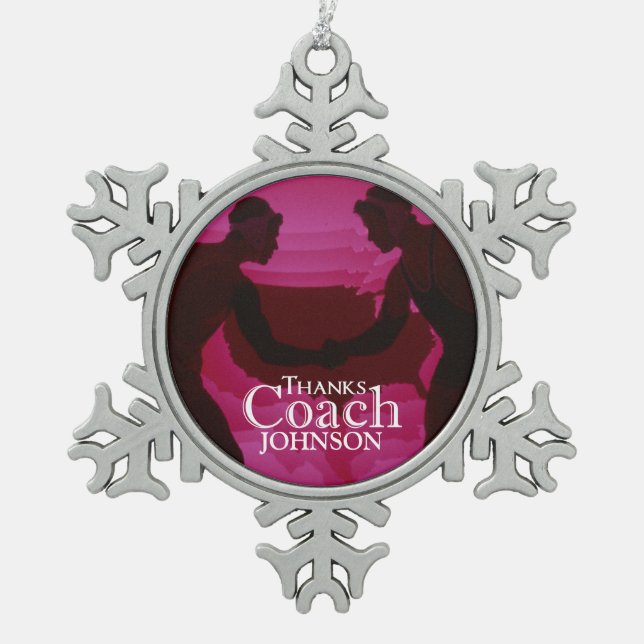 Wrestling Thanks Coach Silhouette Red Snowflake Pewter Christmas Ornament (Front)