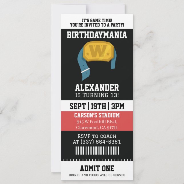 Wrestling Ticket Birthday Party Invitation (Front)