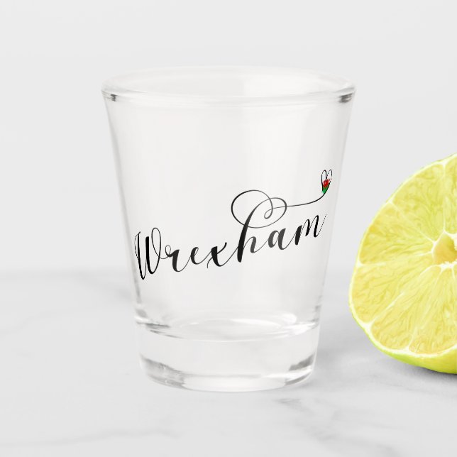 Wrexham Script Font, Welsh Flag In Heart Shot Glass (Front)