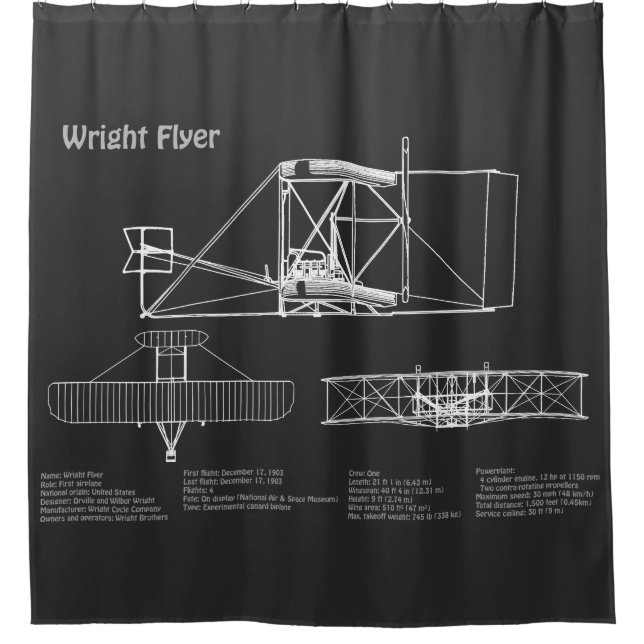 Wright Flyer- Aeroplane Blueprint Drawing Plans PD Shower Curtain (Front)